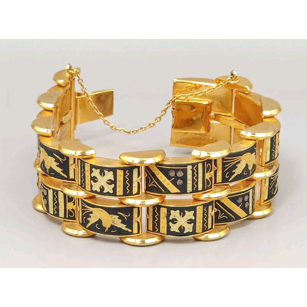 1 Inch Wide Damascene Gold Black Panel Link Bracelet Multi Row 6.5" Safety Bird - Picture 2 of 11